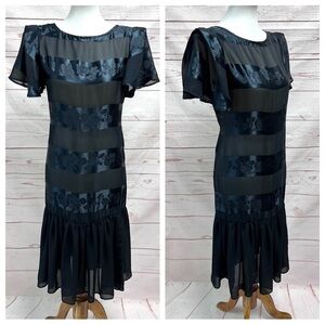 Vintage Satin Floral Striped Flutter Sleeve Ruffle Long Shift Cocktail Dress